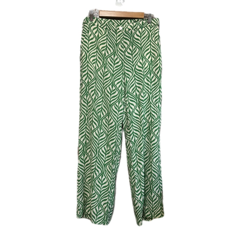 H&M Wide Leg Pants Women 10 Green White Leaf Print High Waist Trousers Excellent